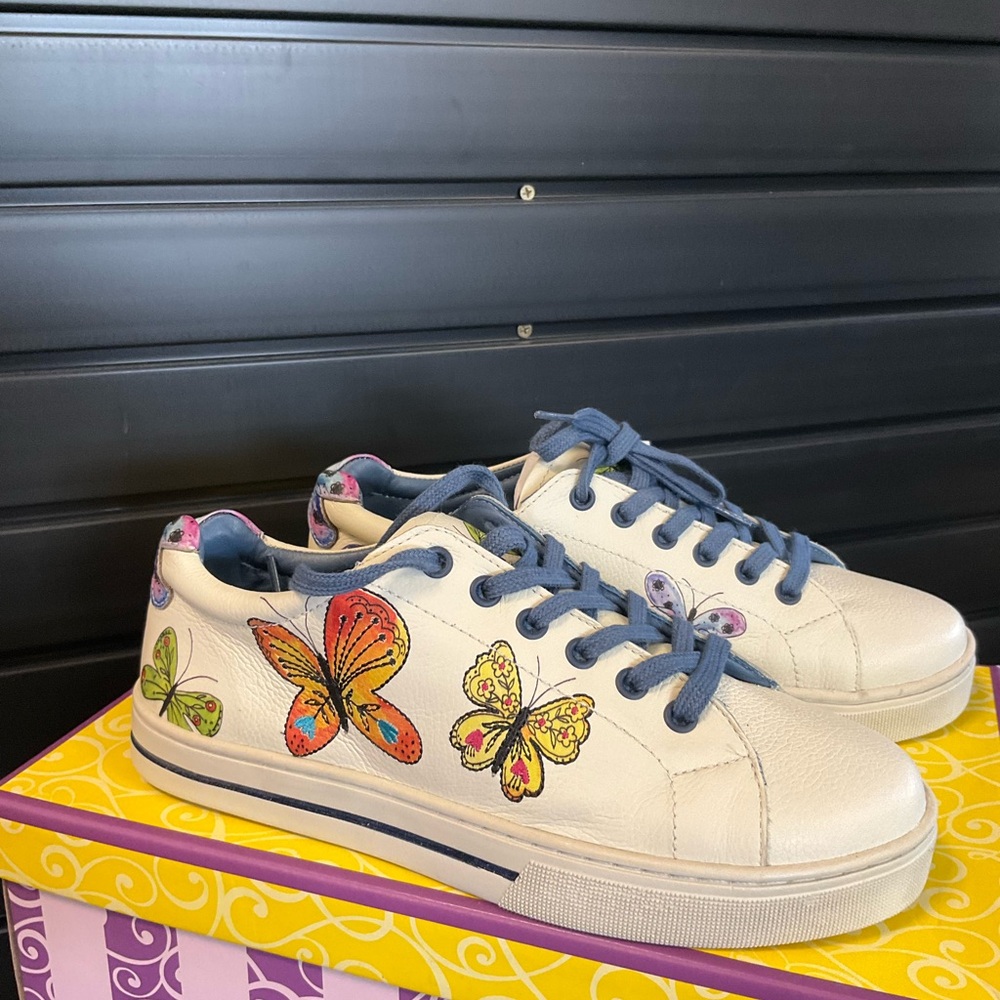 Brighton White Leather Sneakers with Multicolor Butterfly Embroidery